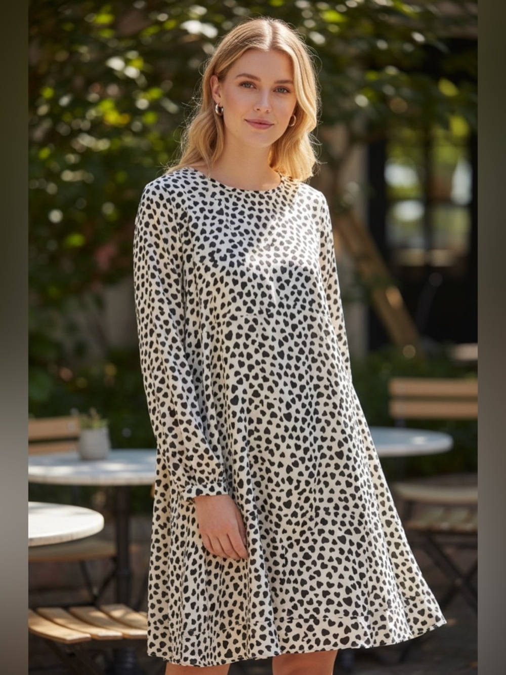 LOFT Black and White Long Sleeve Printed A-Line Dress